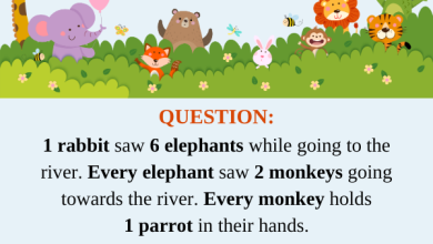 THE BATTLE OF ENGLISH AND MATHEMATICS QUESTION 1 rabbit saw 6 elephants while going to the river. Every elephant saw 2 monkeys going towards the river. Every monkey holds 1 parrot in their hands. 1