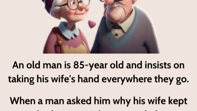 An old man is 85 year old and insists on taking his wifes hand everywhere thumb