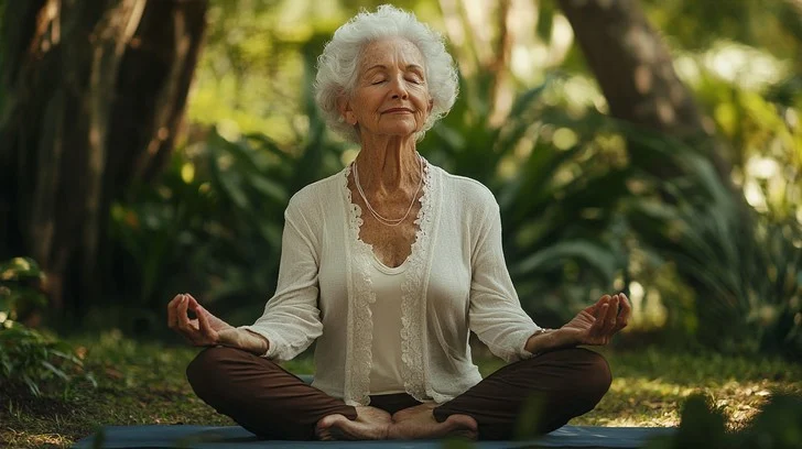 senior meditation outdoors stockcake