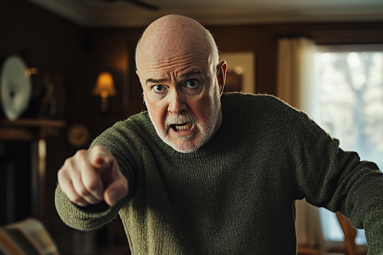 An older man angrily pointing a finger in a living room | Source: Midjourney